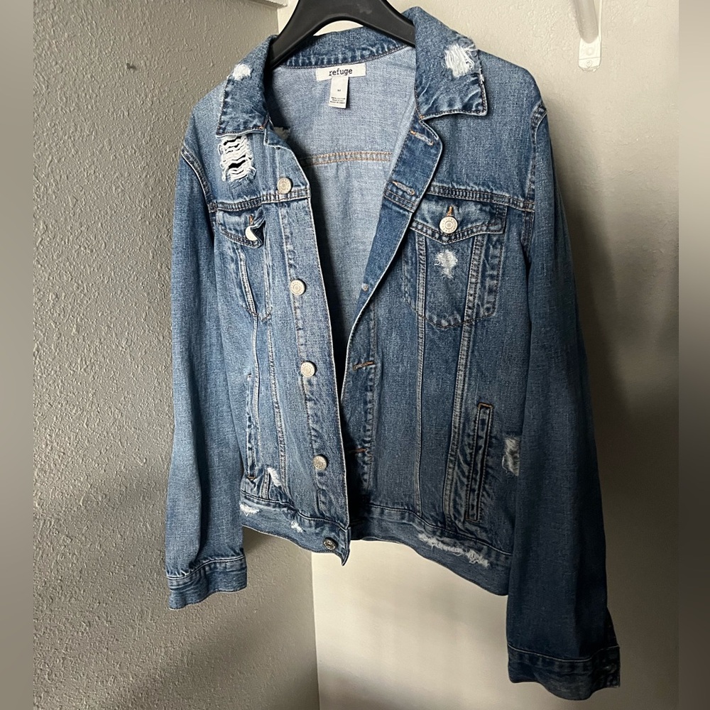 Refuge Denim Jacket Destroyed Blue Distressed Size L